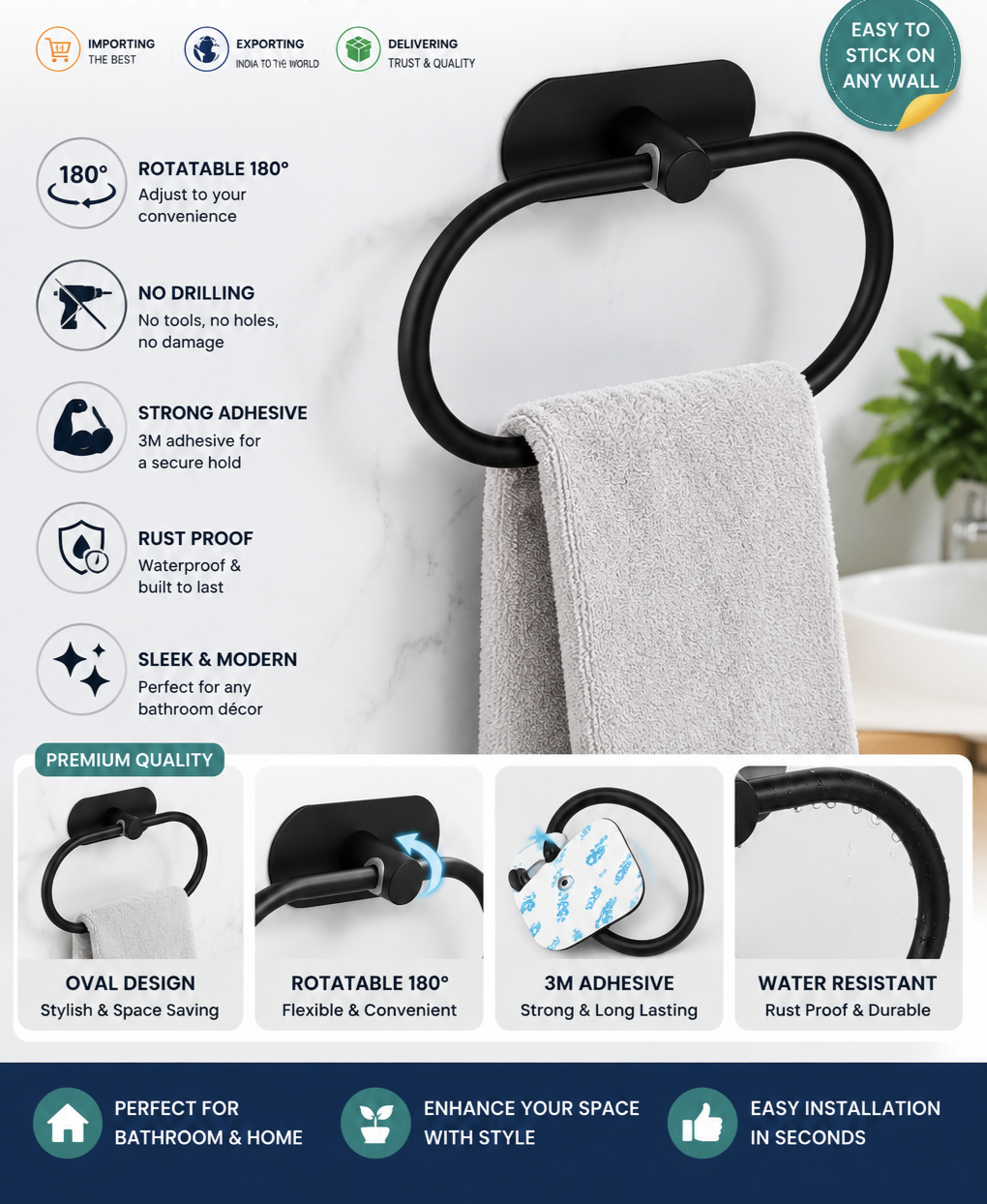 Adhesive Towel Holder – No Drill Stainless Steel Wall Mount