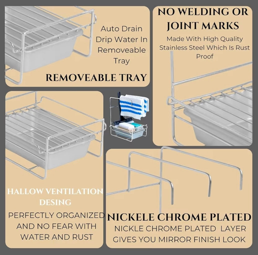 Stainless Steel Kitchen Sink Organizer Rack With Drain Tray & 4 Adhesive Stickers