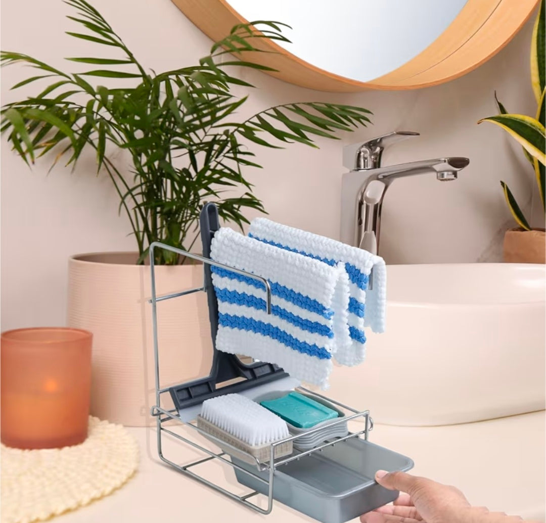 Stainless Steel Kitchen Sink Organizer Rack With Drain Tray & 4 Adhesive Stickers