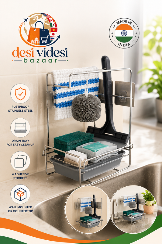 Stainless Steel Kitchen Sink Organizer Rack With Drain Tray & 4 Adhesive Stickers
