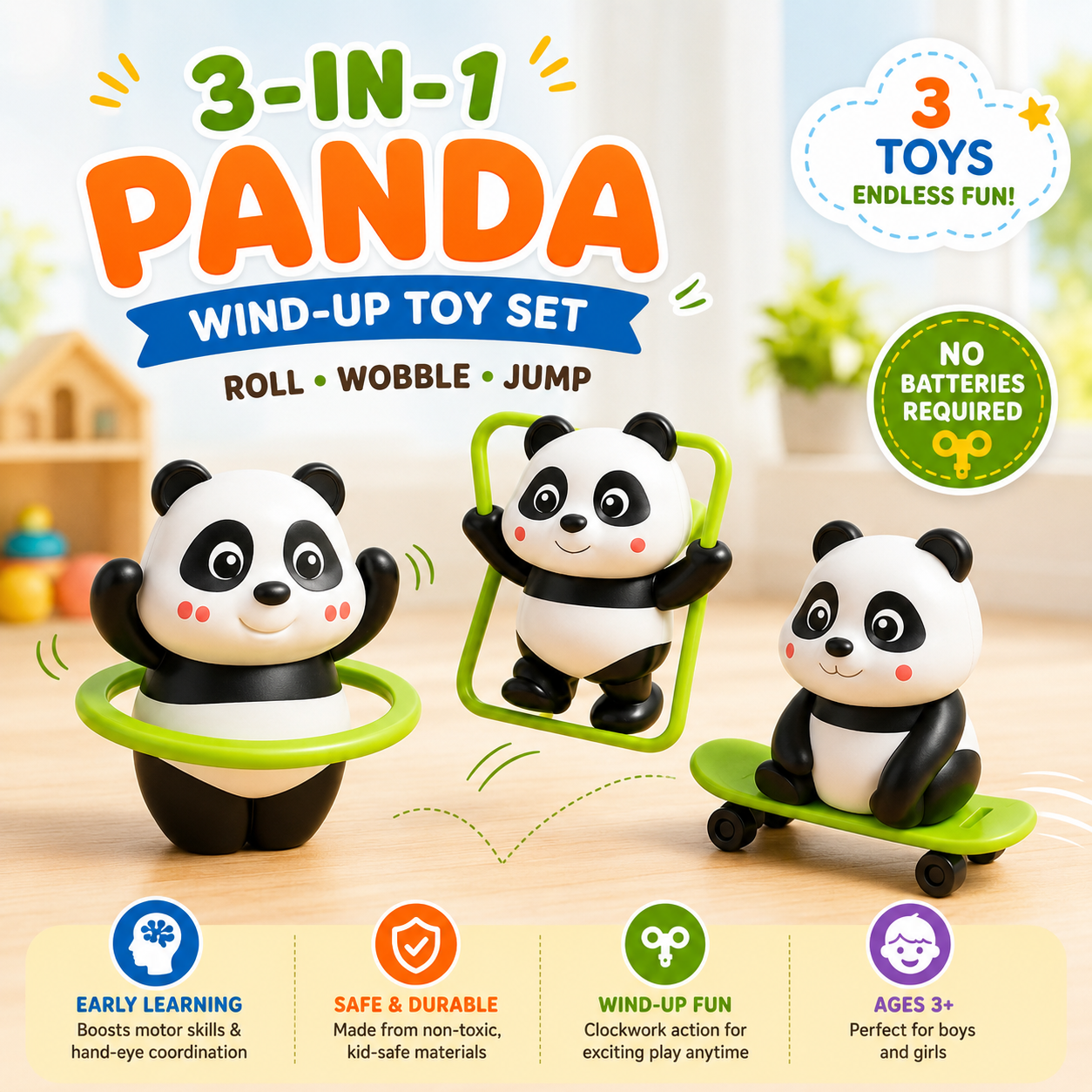 3-in-1 Panda Wind-Up Toy Set